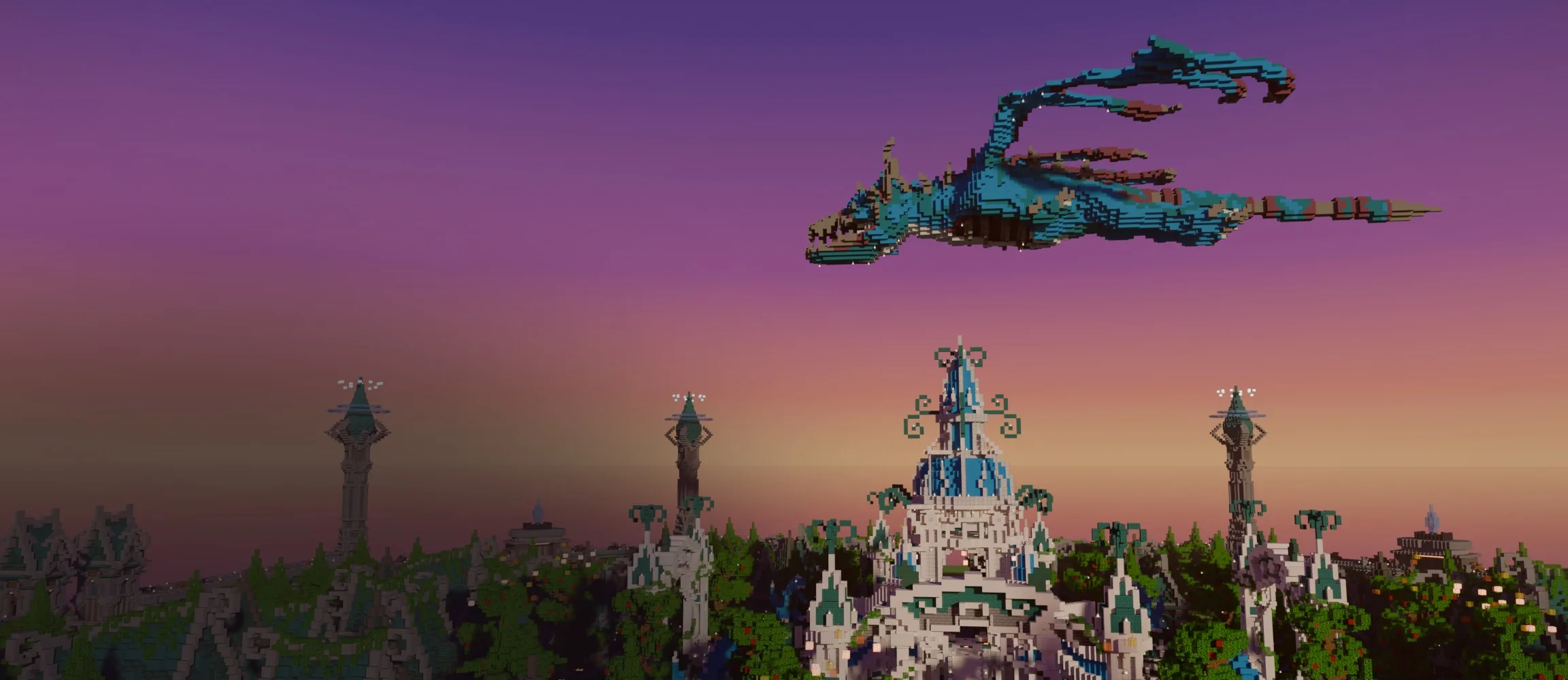 La ciudad élfica del Lobby de Tiamat al atardecer, con un dragón volando sobre el palacio